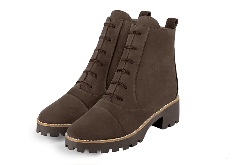 Chocolate brown women's ankle boots with laces at the front. Round toe. Low rubber soles. Front view - Florence KOOIJMAN